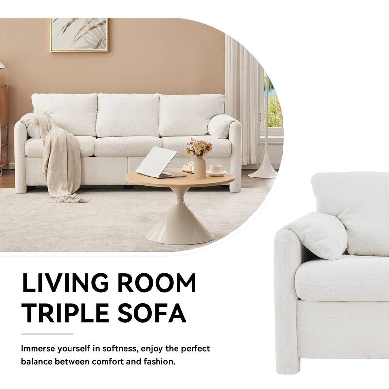 3-Seater Chenille Sofa, Ivory White, 77" Length