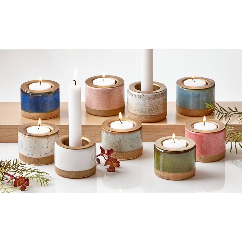 Glazed Navy Stoneware Taper Tealight Candle Holder, 2.5L x 2.5W x 1.95H inches