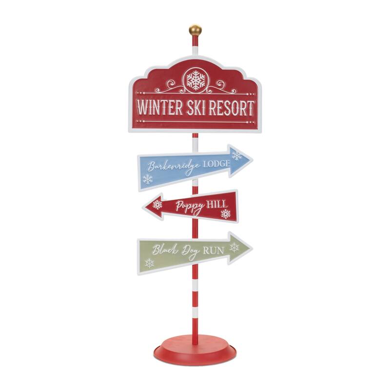Dog Ski Resort Christmas Sign - 34" - Red and Blue