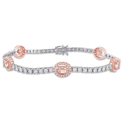 Miadora 2 1/2ct TGW Oval Shape Morganite 2ct TDW Diamond Tennis Bracelet 14k White & Rose Gold
