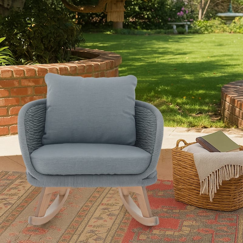 Classic Minimalist Rope Wicker Rocking Chair with Cushions and Solid Wood Legs, For Indoor and Outdoor Use - Gray - 1 Pc