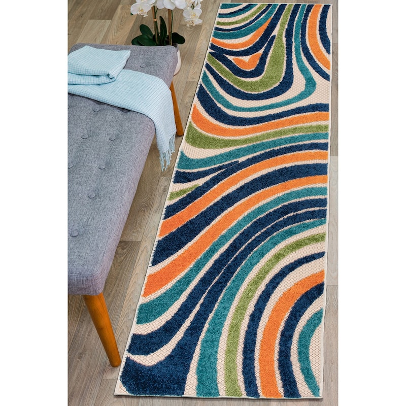 World Rug Gallery Modern Waves Indoor/Outdoor Area Rug - 2' x 7' Runner - Multi