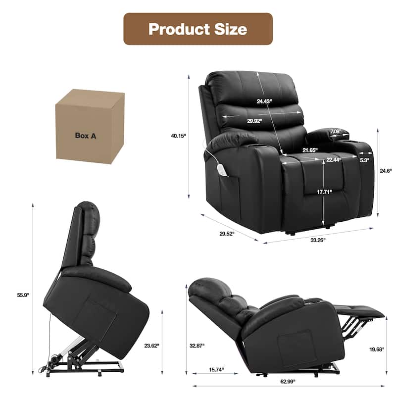 Oversized Power Lift Recliner Chair with Massage & Heat, PU Leather, USB Port, Cup Holders & Pockets