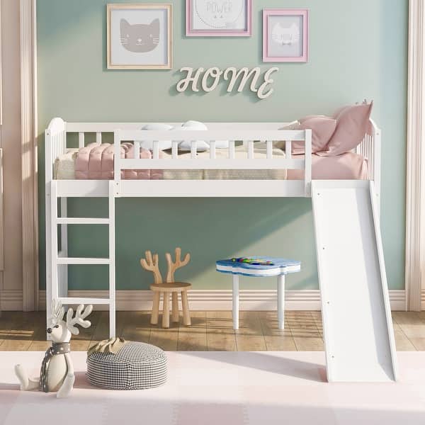 slide 2 of 21, Twin Size Loft Bed with Slide and Ladder Twin - White