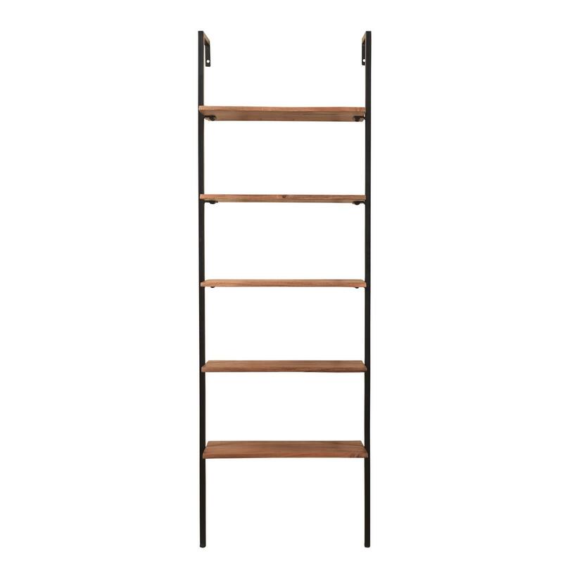 HomeRoots 72" Brown Metal and Solid Wood Five Tier Ladder Bookcase