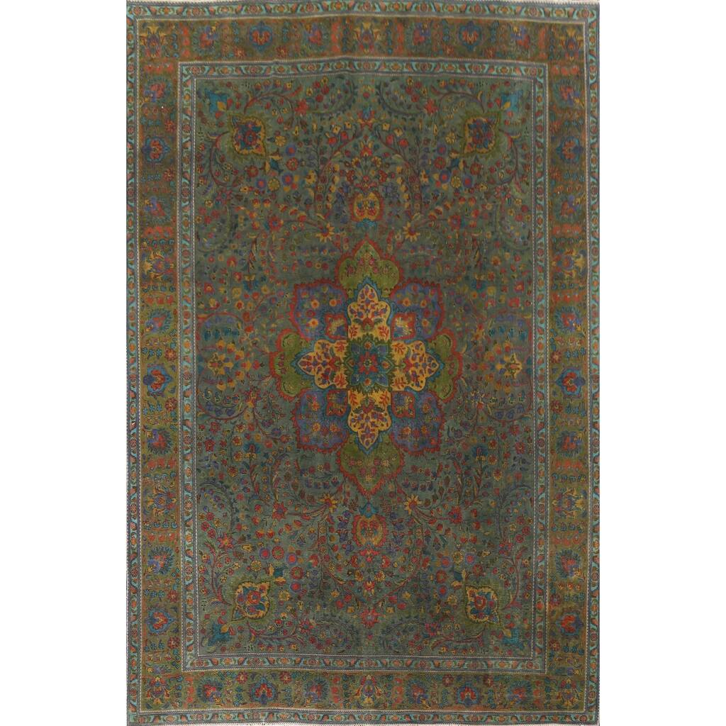 Distressed Over-dye Floral Tabriz Persian Area Rug Wool Hand-knotted - 9'8" x 12'9"