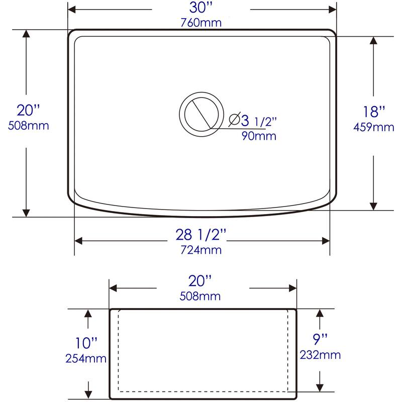 ALFI Brand White Smooth Curved Apron 30" x 20" Single Bowl Fireclay Farm Sink with Grid