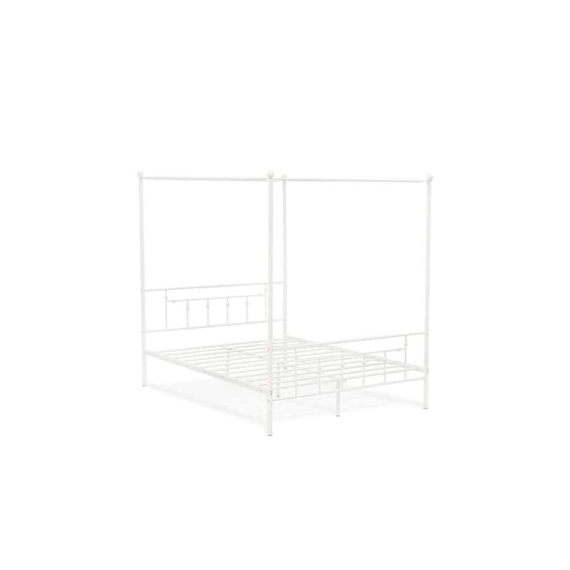 Queen Bed Frame Canopy Metal - White Powder Coated Bed with Headboard Footboard - Modern Bedroom Furniture