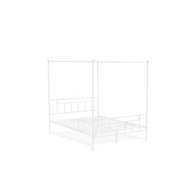 Queen Bed Frame Canopy Metal - White Powder Coated Bed with Headboard Footboard - Modern Bedroom Furniture