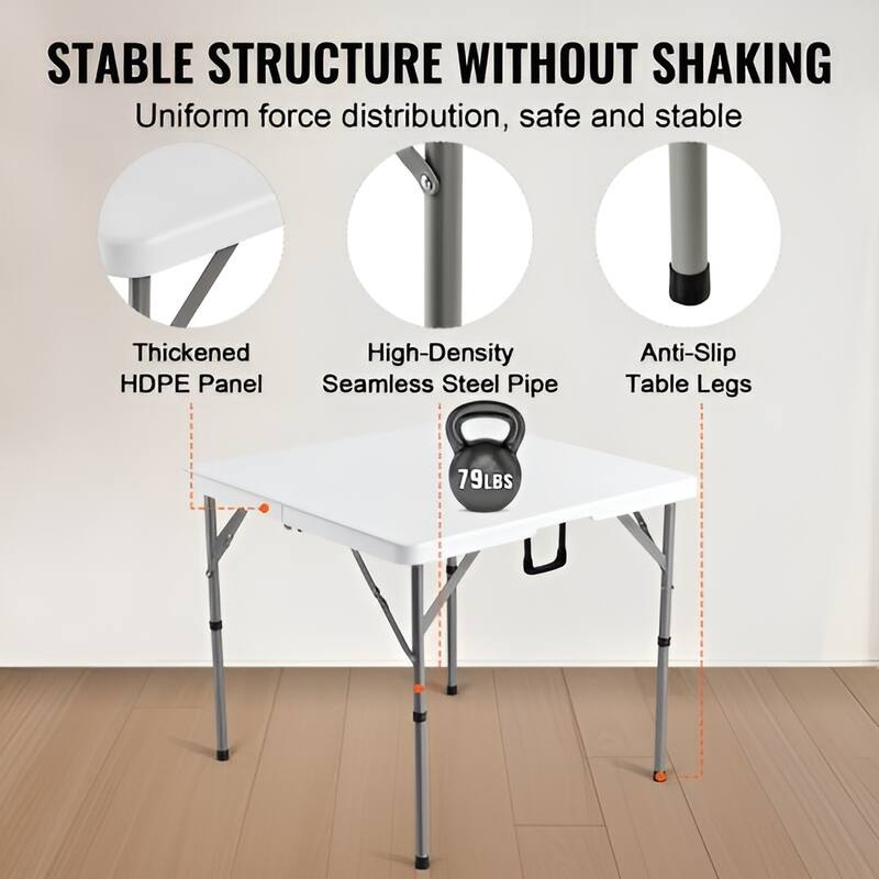 White HDPE Folding Card Table with Handle for 4 Players, Indoor or Outdoor - 34” L x 34” W x 29.13” H