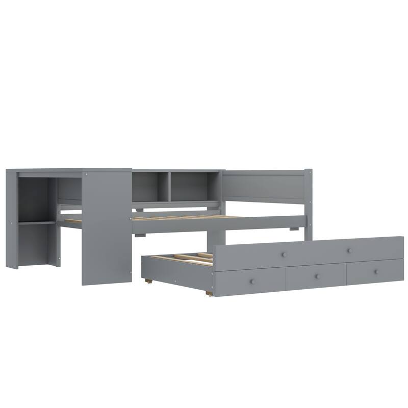 Roomfitters Twin/Full Size Wood Daybed with Trundle, Storage Drawers, Side Shelves & Built-in Desk, No Box Spring Needed