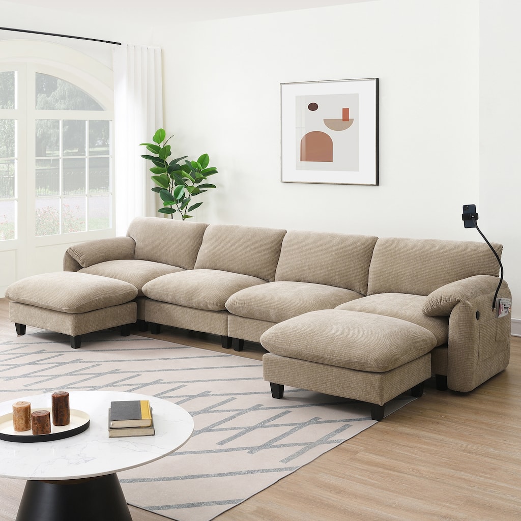 140" U-Shaped Chenille Sectional Sofa with USB & Wide Seats