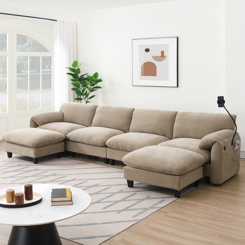 140-Inch Chenille Sectional Sofa with USB and Type-C Charging Ports, Phone Holders, Side Storage Pockets, Movement Ottomans - Light Khaki+Beige