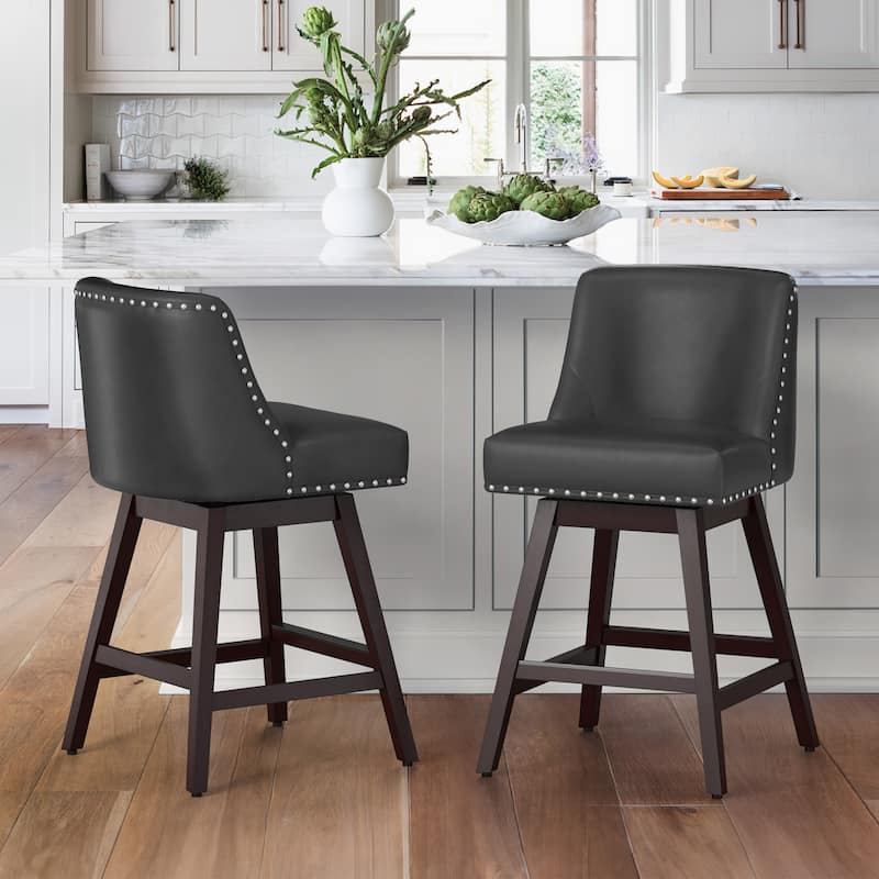 26 in. Counter Height Upholstered Wood Frame Swivel Bar Stool with Farbic Seat Set of 2 - 19.6"D x 19.6"W x 37"H - Black/Faux Leather