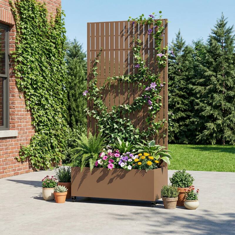 Raised Garden Bed Planter with Trellis Movable Planter Box with Lockable Wheels