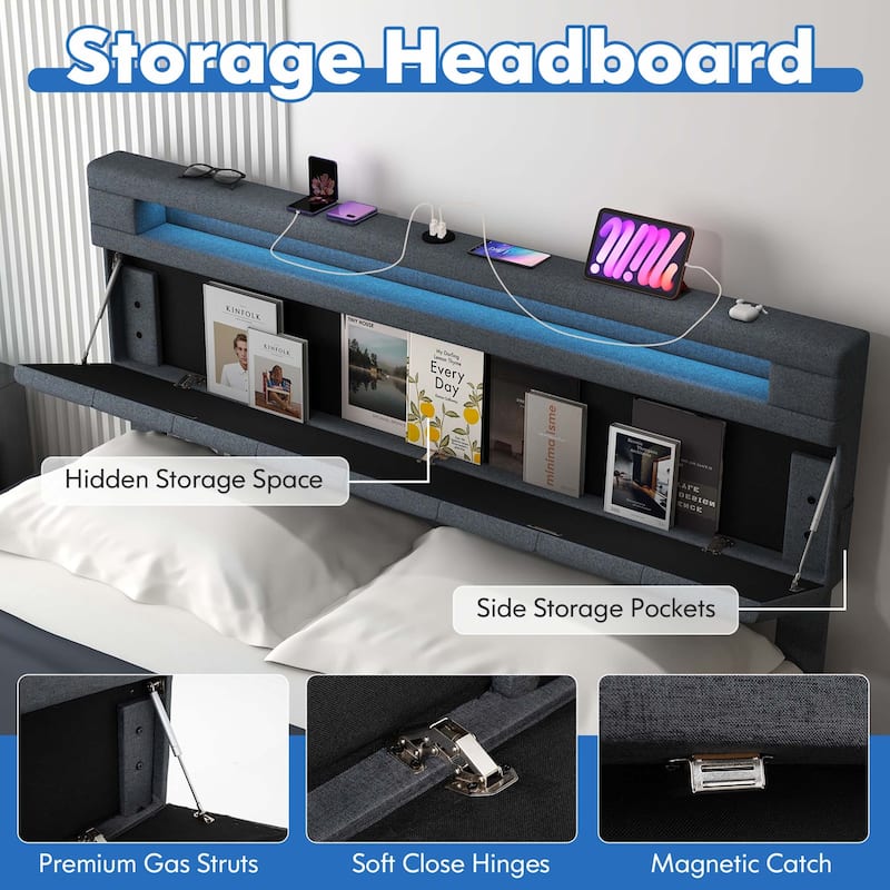 Costway Full/Queen Size Bed Frame with Led Lights & Charging Station &