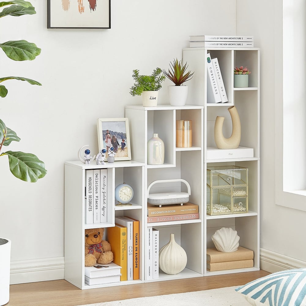 VECELO Wood Organizer Bookcase Fits Tallest Hardcovers Customized Storage Display Shelf Free Standing for Living Room Bedroom