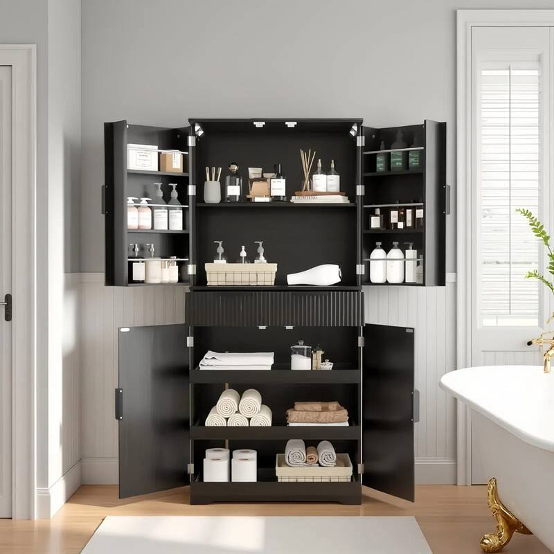 72"H bathroom storage Cabinet with 3 Keyboard Drawers, 6 Door Shelves Adjustable, a slide-out drawer
