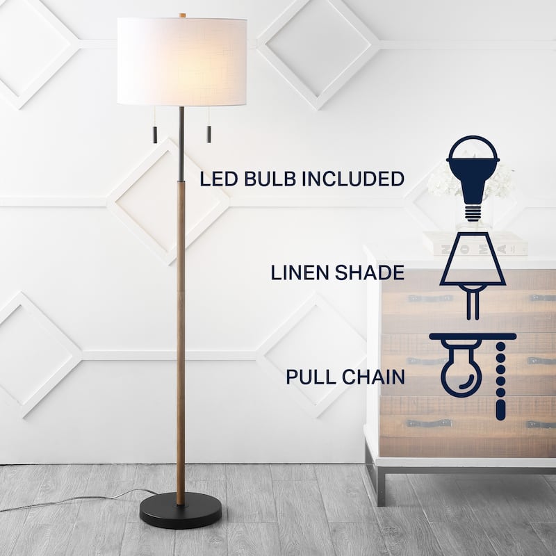 Koda 61" Rustic Farmhouse Iron Candlestick Pull Chains LED Floor Lamp, Brown Wood Finish/Black by JONATHAN Y