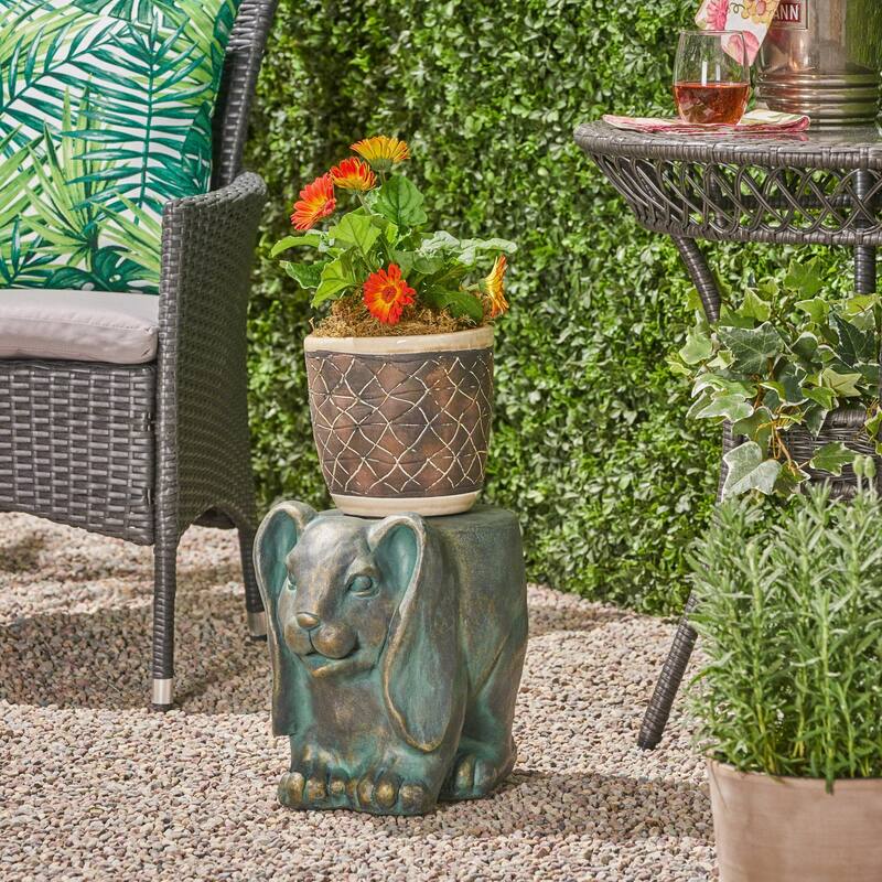 Roomfitters 13-Inch Rabbit Garden Stool, Lightweight Concrete Outdoor Accent Table with Distressed Gold Patina, Antique Green - Antique Green