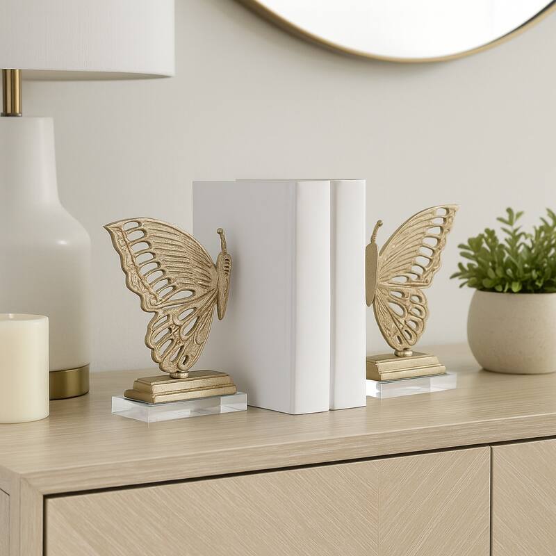 Metal Bookends Butterfly Metallic Finish (Set of 2) - 9" Gold - 12.5"