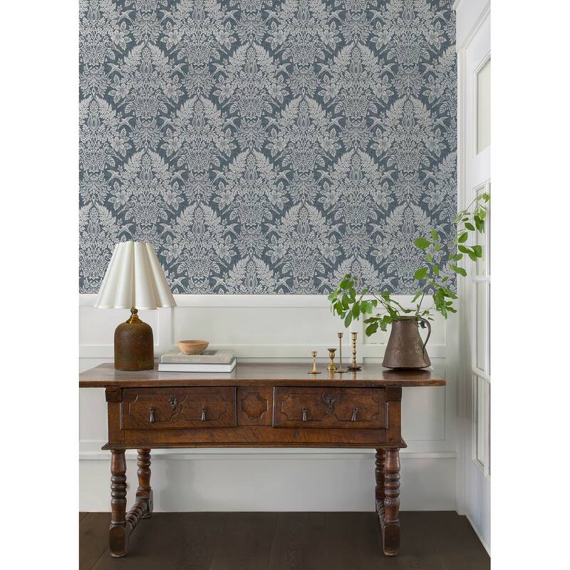 Chris Loves Julia x A-Street Prints Finch Blue Woodland Damask Wallpaper