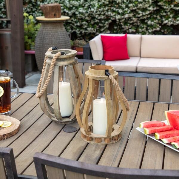 slide 2 of 4, Wood 13.75" Lantern With Ropehandle, Brown 13.75"H - 9.5" x 9.5" x 13.75"