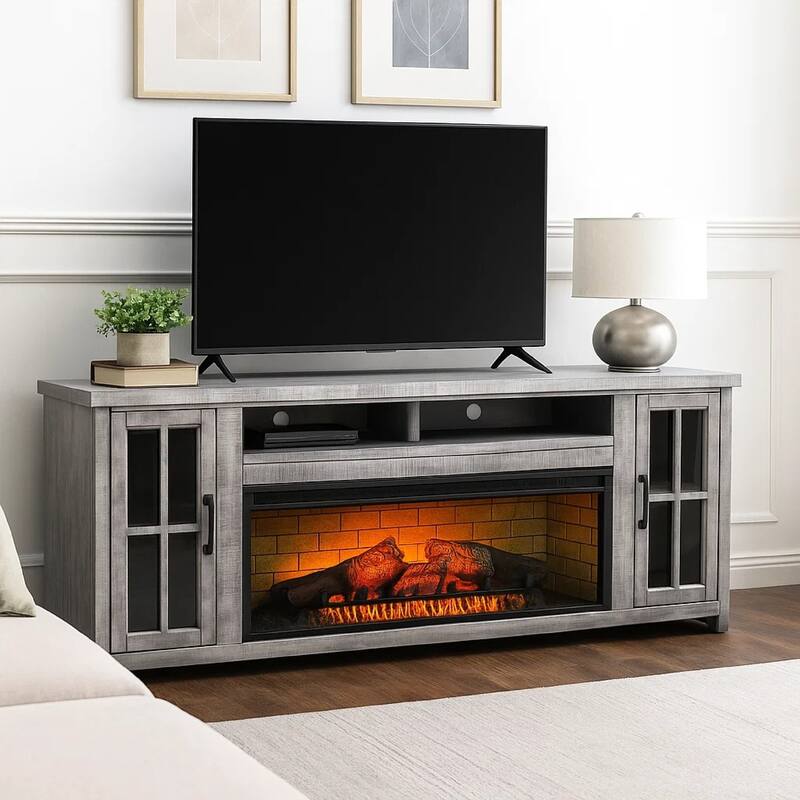 Gery TV Media Console w Log Fireplace Insert Option, 76 Inch, 2 Cabinets, Gray