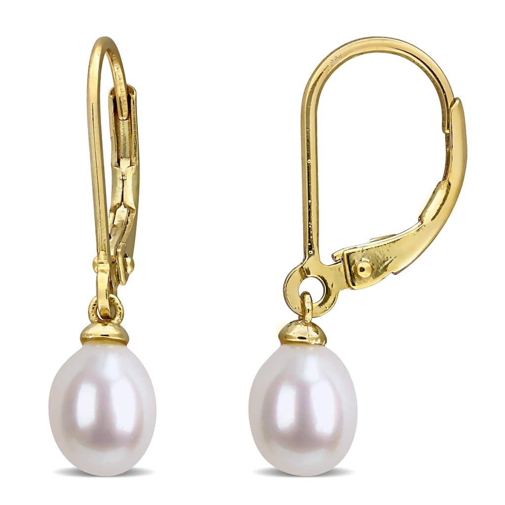 Miadora 6-6.5mm Cultured Freshwater Pearl Leverback Earrings Yellow Plated Sterling Silver