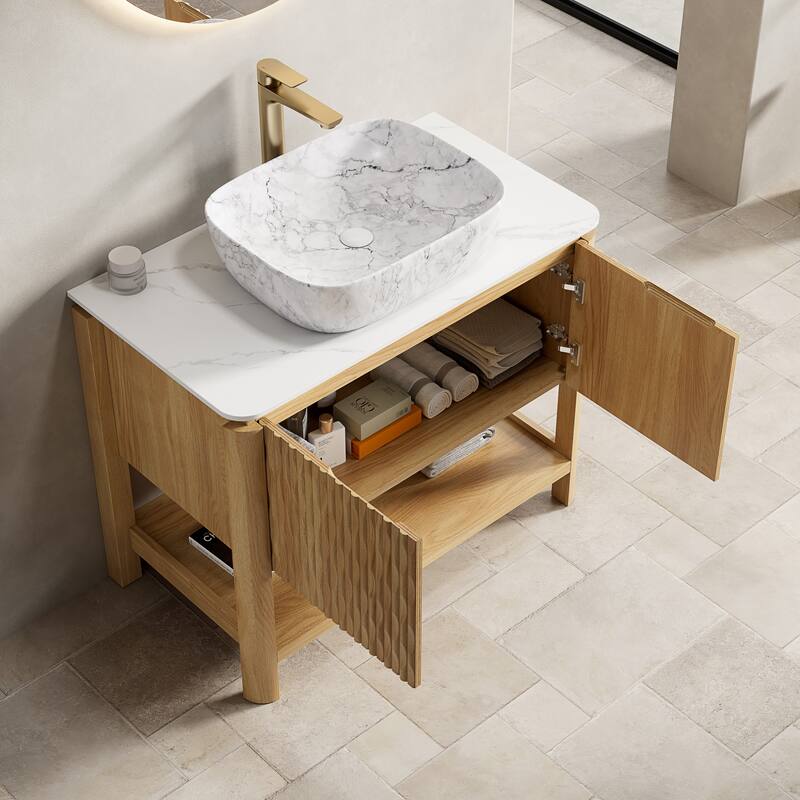 36" Bathroom Vanity with Stone Top & Ceramic Basin, 2-Door Plywood Cabinet in Woodgrain