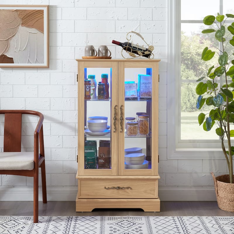 Elegant Lighted Curio Cabinet With Customizable Shelving - Two Glass Doors, Built-In Storage Drawer .