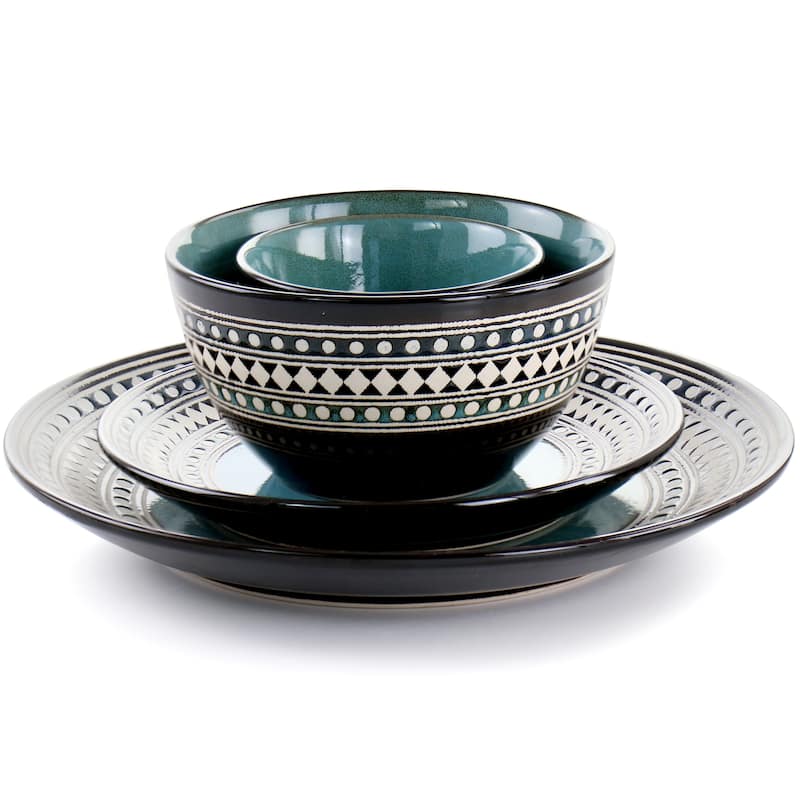 Stoneware Dinnerware 16 Piece Set in Teal Geometric Edge