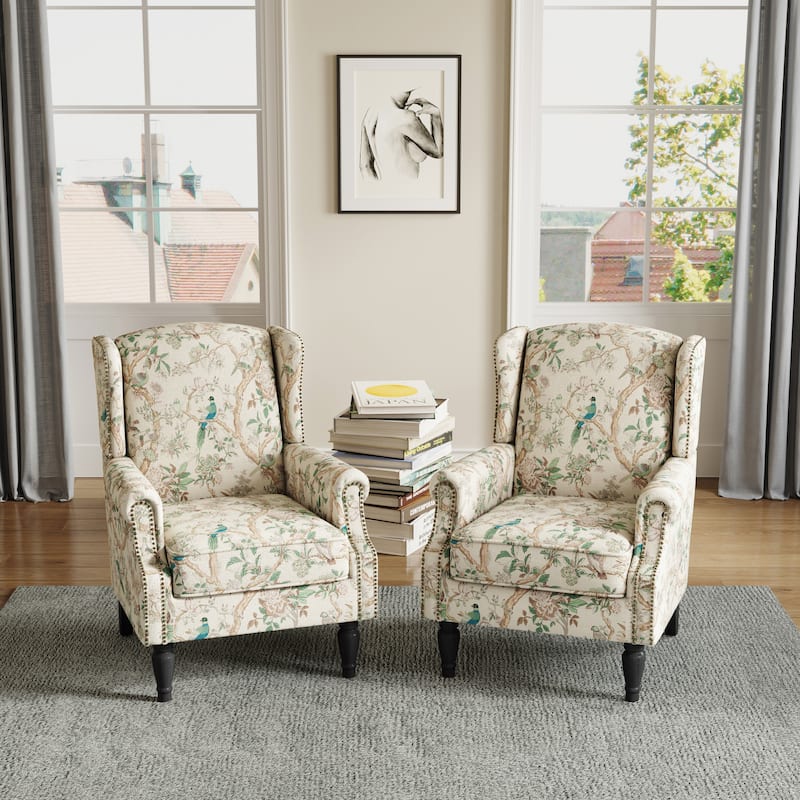 Upholstered Nailhead Trim Armchair Wingback Accent Chairs Set of 2