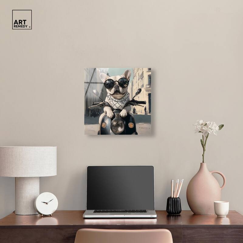 Frenchie on a Scooter Drive Acrylic by Art Remedy, Ready to Hang