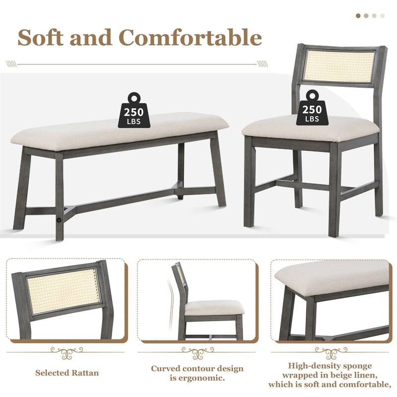 6-piece Retro Dining Set with Table,4 Upholstered Chair and Bench