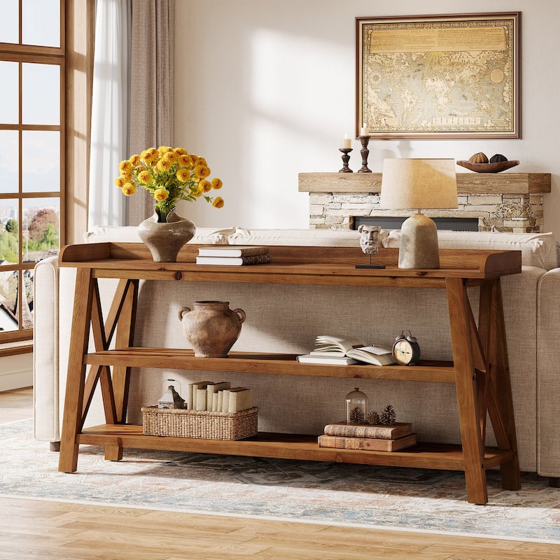 63-Inch Solid Wood Console Table with X-Shaped Frame, 3-Tier Storage - 62.99" L x 13.78" W x 35.83" H