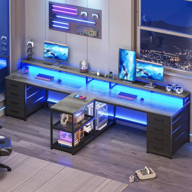 94.5" Two Person Desk with 8 Fabric Drawers Gaming Desk LED Lights - Grey