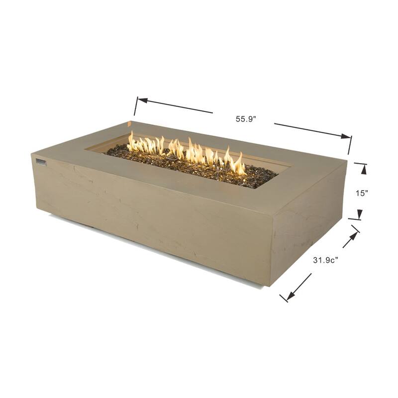 Elementi Plus Meteora Outdoor Fire Pit Table Concrete Rectangular 60000 BTU - 55.9 x 31.9 inches with Lid, Fire Glass, and Cover