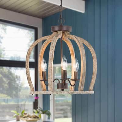 Modern Farmhouse 3-Light Antique Wood Cage Chandelier Lantern Globe Pendant Lights - Brown - D15'' x H76''