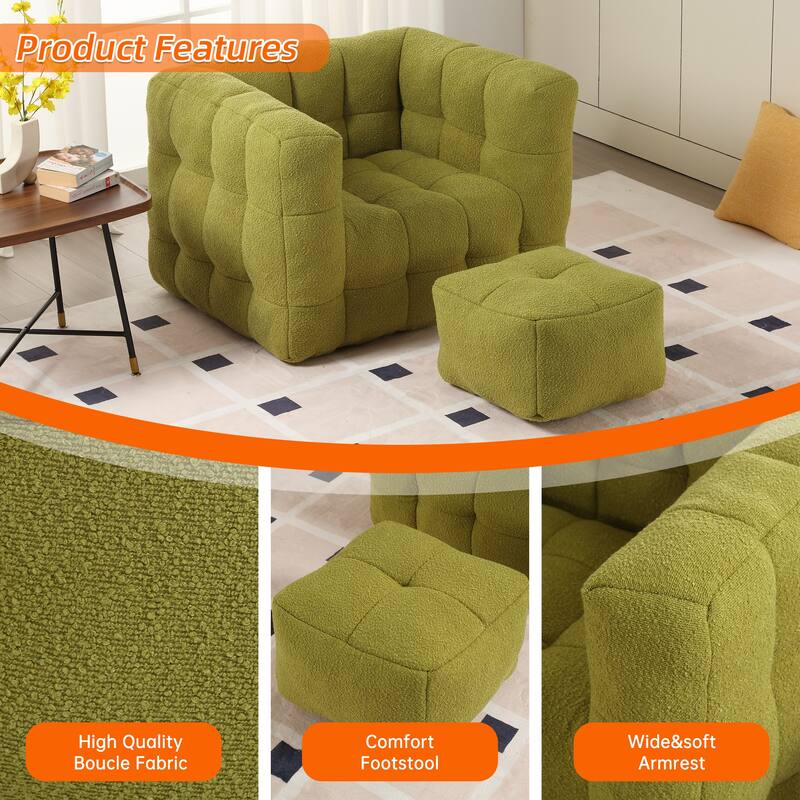 Boucle Upholstered Tufted Modern Non-installation Bean Bag Sofa Chair with Ottoman for Living Room