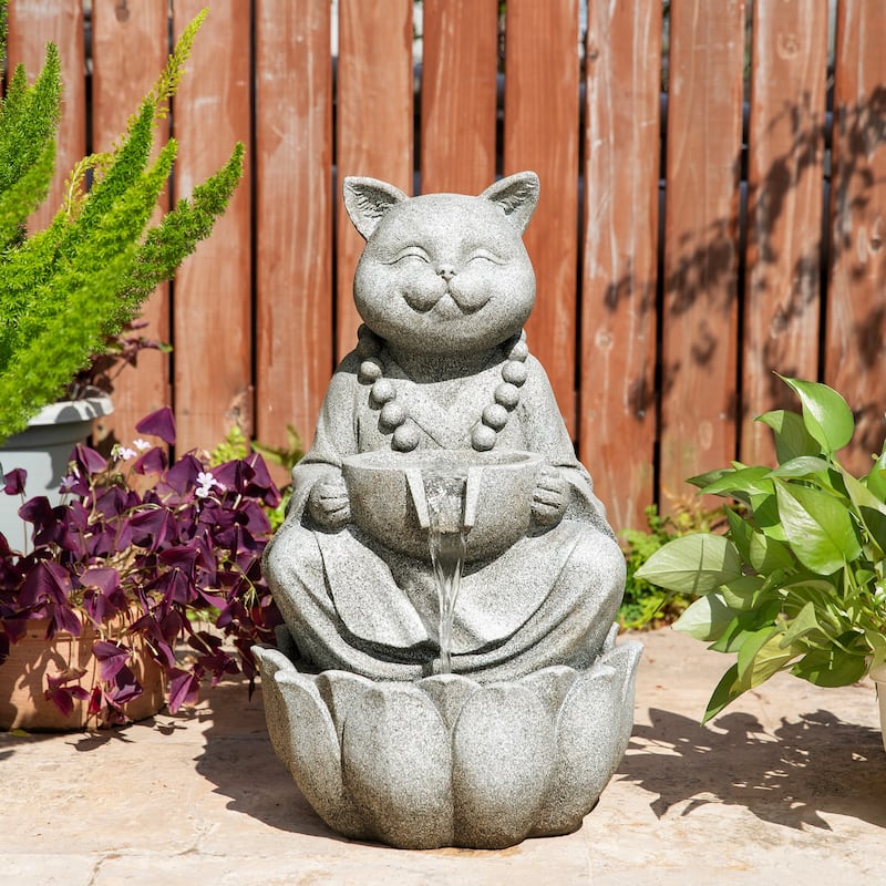 Glitzhome 21.75"H 2-Tiered Zen-Style Polyresin Cat Dog Statue Outdoor Fountain with LED Lights