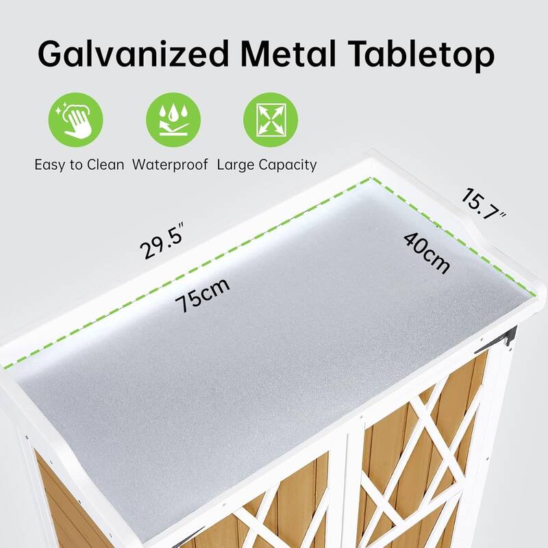 Potting Bench Outdoor Cabinet with Metal Tabletop and Adjustable Shelf