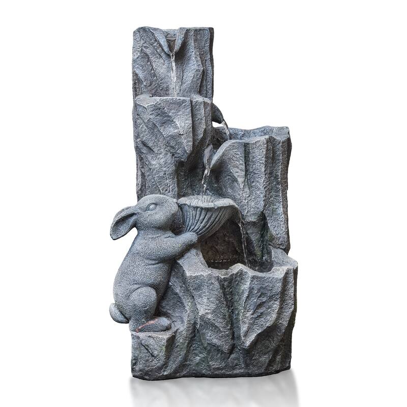 Vbal 5-Tier Polyresin Outdoor Rock Fountain in Imitative Rabbit Statue Shape with LED Lights and Soothing Waterfall