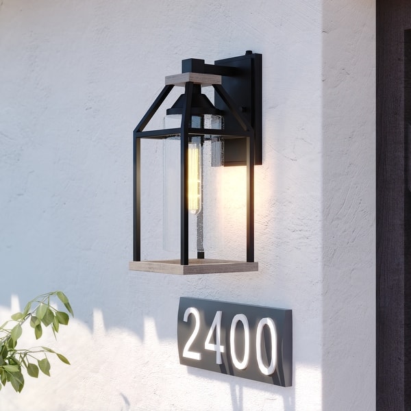 slide 2 of 9, VAXCEL Napier 1-Light Forged Black and Rustic Elm Dusk to Dawn Sensor Outdoor Wall Sconce, Steel, Clear Seeded Glass Shade Forged Black and Rustic Elm - 6.25-in W x 15-in H x 7.5-in D