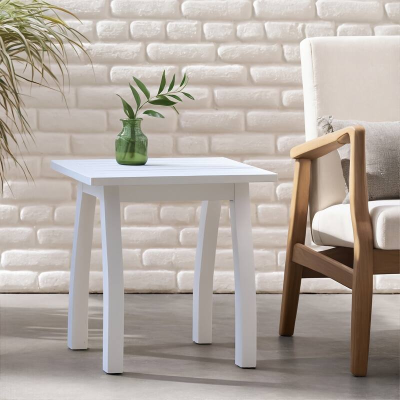 Roomfitters SELMA Acacia Wood Accent Side Table, Weather-Resistant Rectangular Patio End Table with Curved Legs, White PU - White PU