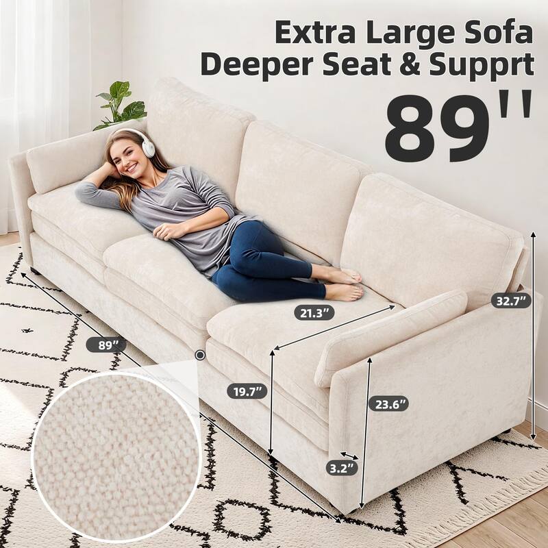 AECOJOY 89" Comfy Sofa Couch for Living Room, 3 Seats Large Modern Chenille Sofa with 2 Removable Pillow