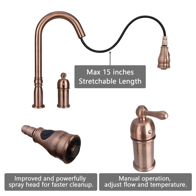 Copper Kitchen Faucet with in-Deck Handle, Single Level Handle and Pull Down Sprayer