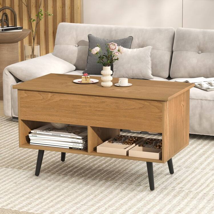 31.5 Inch Lift Top Coffee Table with Hidden Compartment and 2 Storage Shelves - 31.5" x 15.5" x 17.5" (L x W x H)
