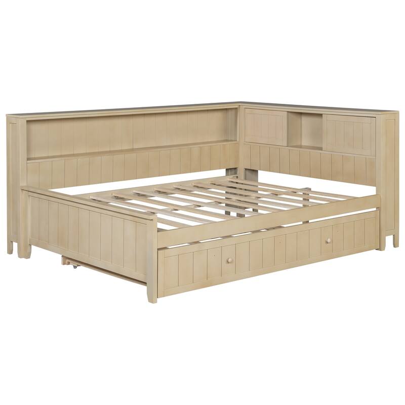 Full Size Wood Daybed with Storage Shelves,Trundle,Wood Slats Wupport