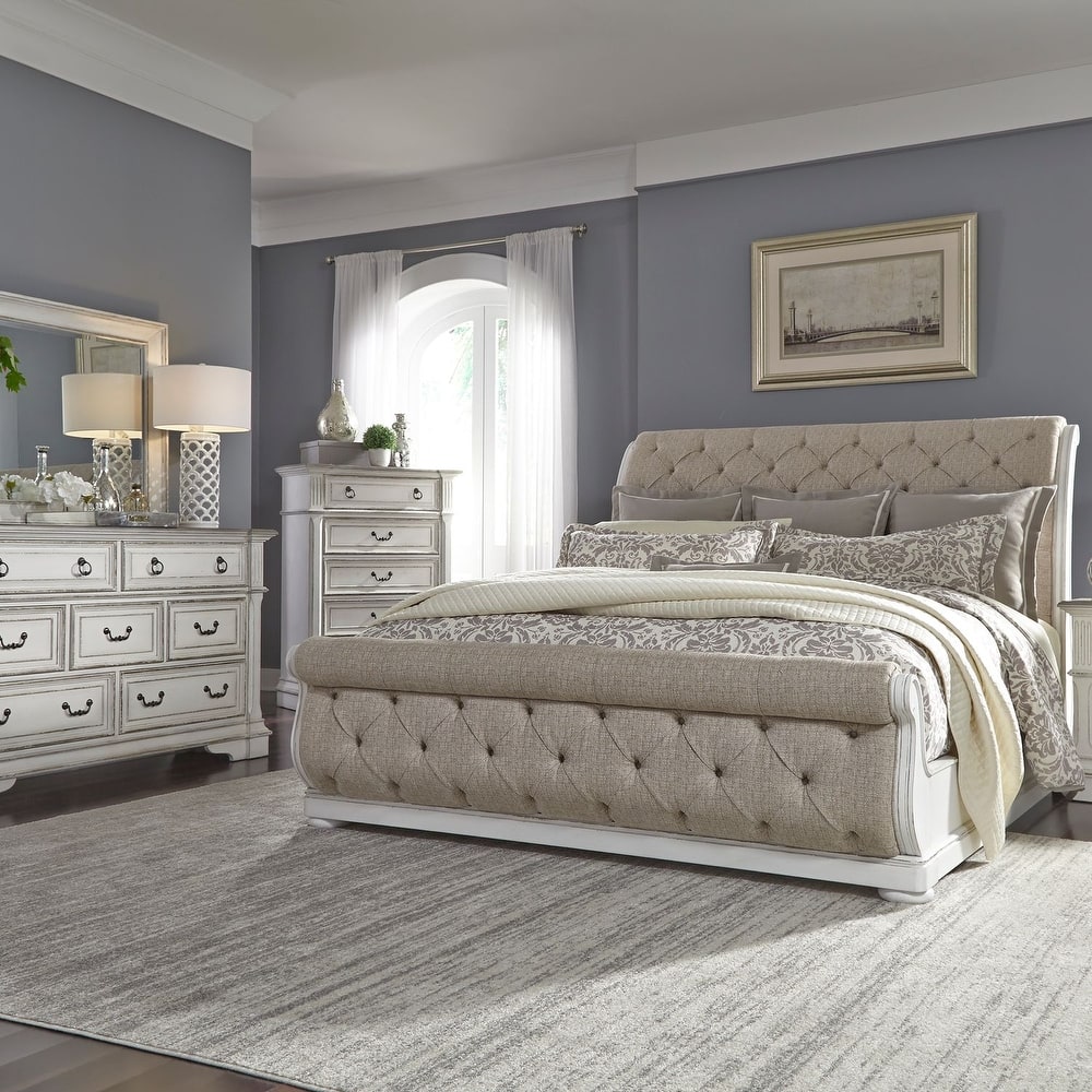 Liberty Furniture Abbey Park Upholstered Sleigh Bed, Dresser & Mirror, Chest, Nightstand- California King, King, Queen